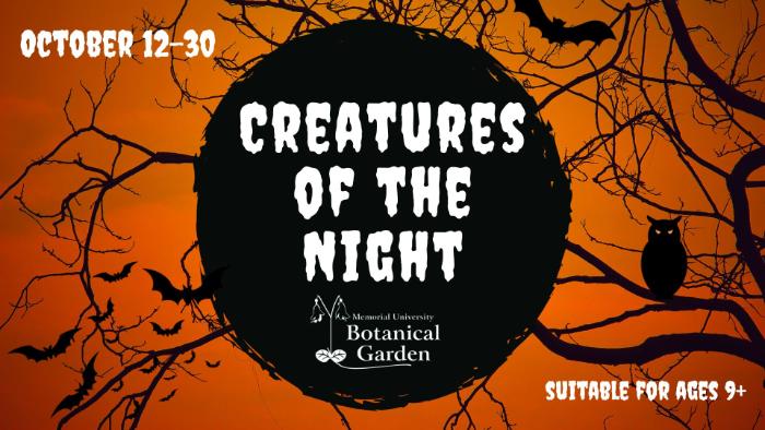 logo for Creatures of the Night. Lettering on a black circle over a silhouetted tree with bats and an owl on orange background